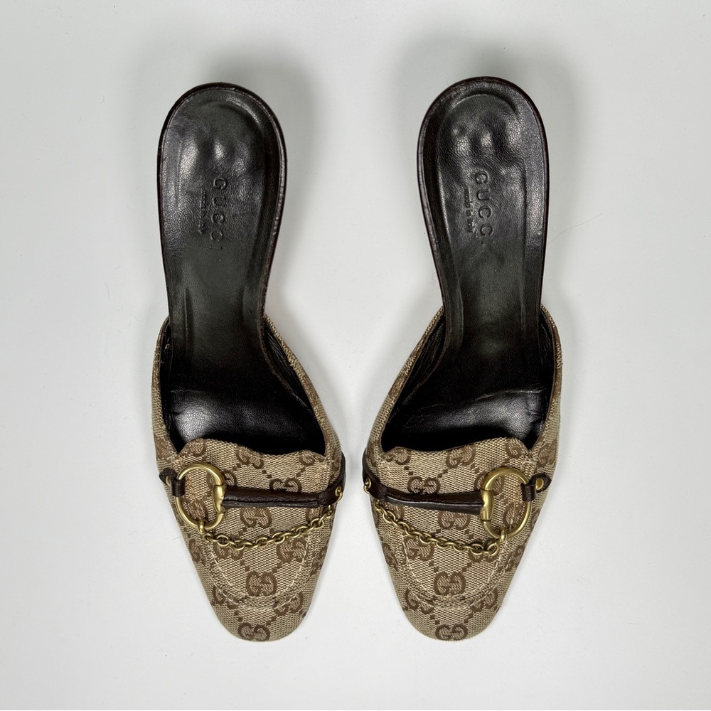 Vintage Gucci Monogram Horsebit Mule Heels in Beige / Brown / Gold size 7b